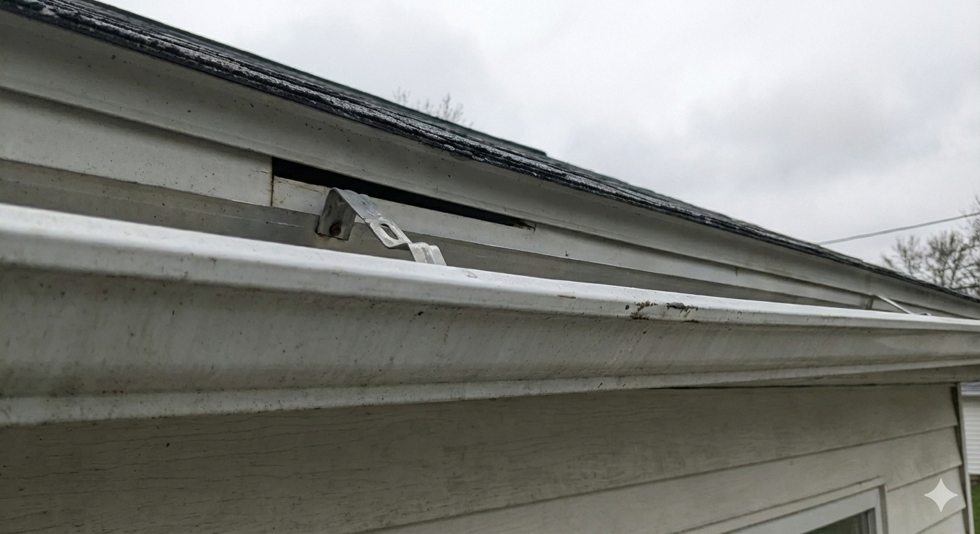 Gutter pulling away from fascia showing fastener failure
