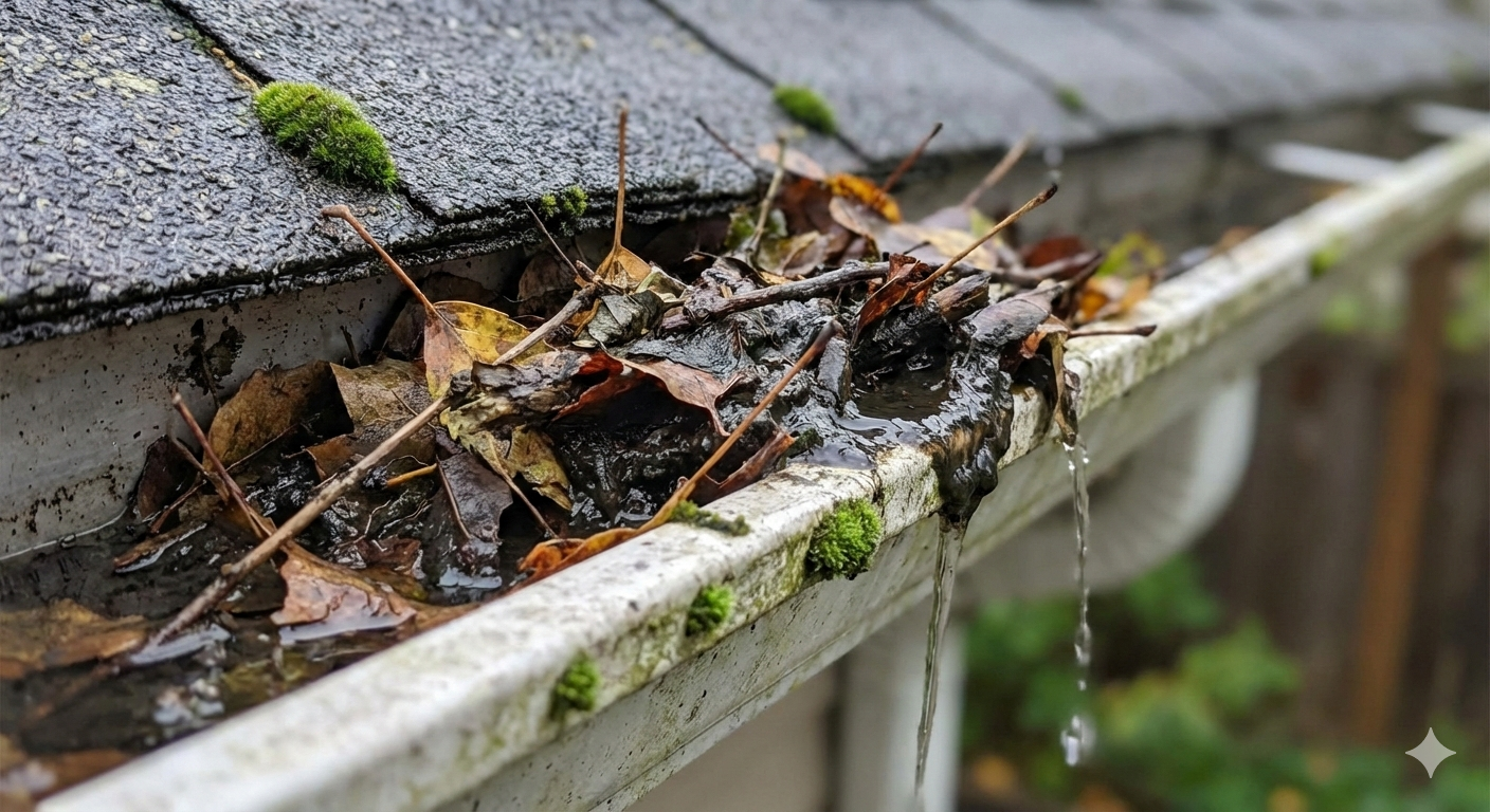 Overflowing gutter filled with leaves and debris